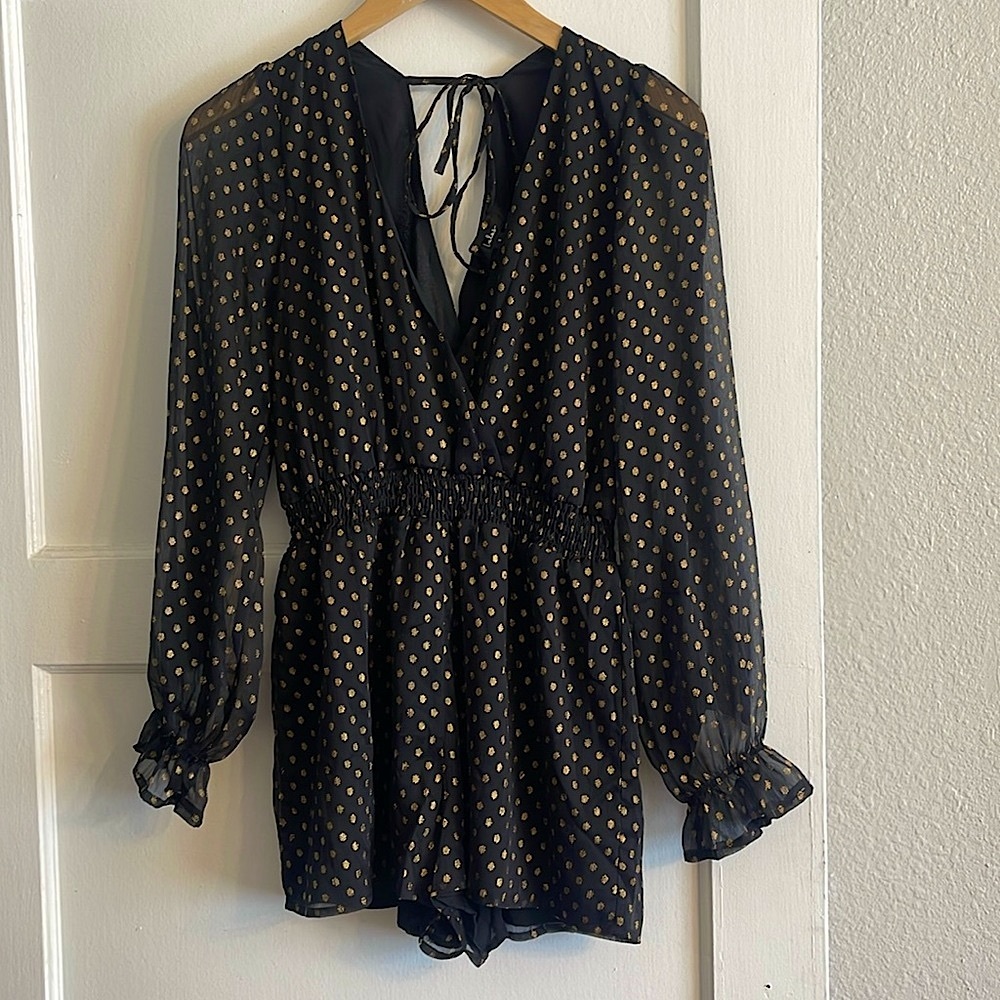 Romper shorts ,black gold pattern,tight back sheer sleeves